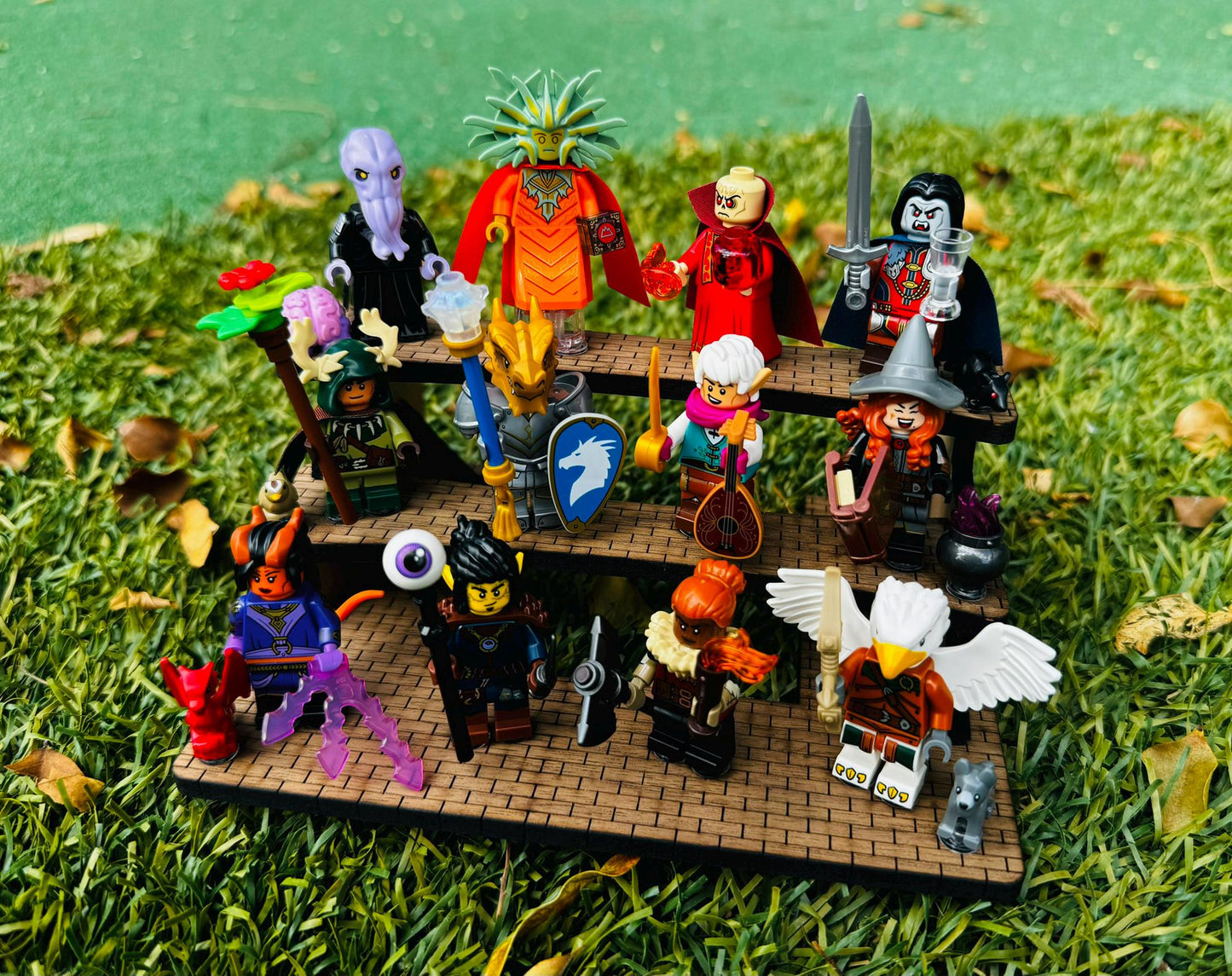 Wooden 12 Minifigure Display Stand designed for Lego® Dungeons & Dragons® Minifigure Series