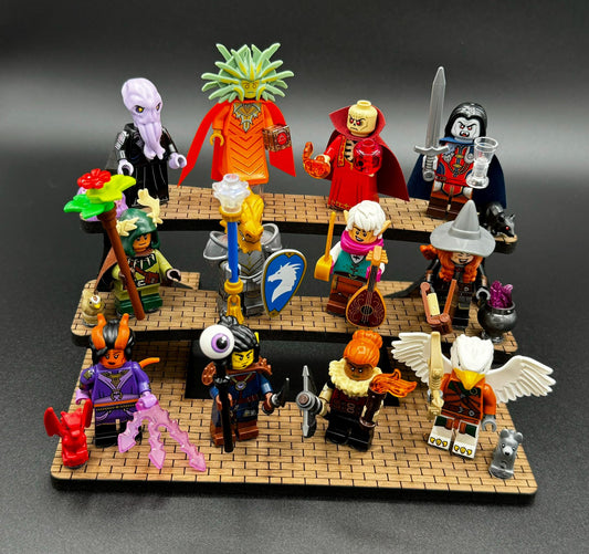 Wooden 12 Minifigure Display Stand designed for Lego® Dungeons & Dragons® Minifigure Series