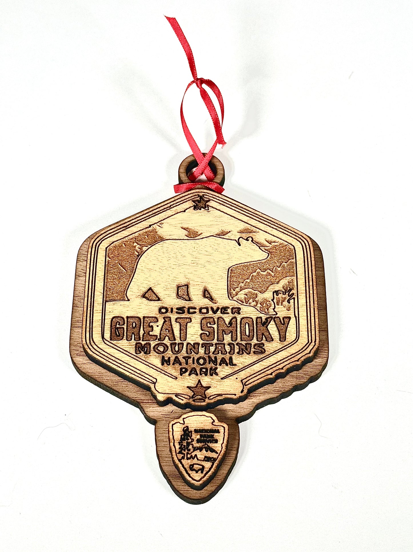 National Park Service (NPS) Wooden Ornaments – Laser Engraved Walnut Veneer Christmas Ornament with Red Ribbon Pick Your Park - NPS Ornament