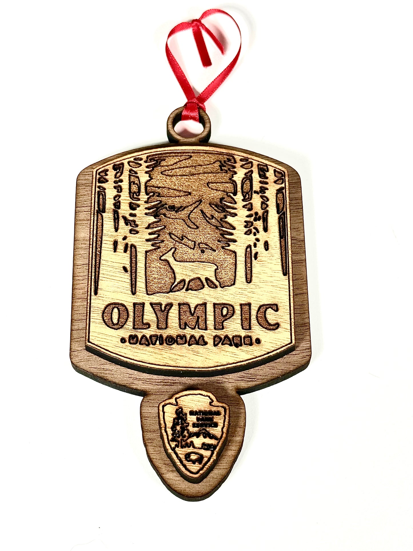 National Park Service (NPS) Wooden Ornaments – Laser Engraved Walnut Veneer Christmas Ornament with Red Ribbon Pick Your Park - NPS Ornament