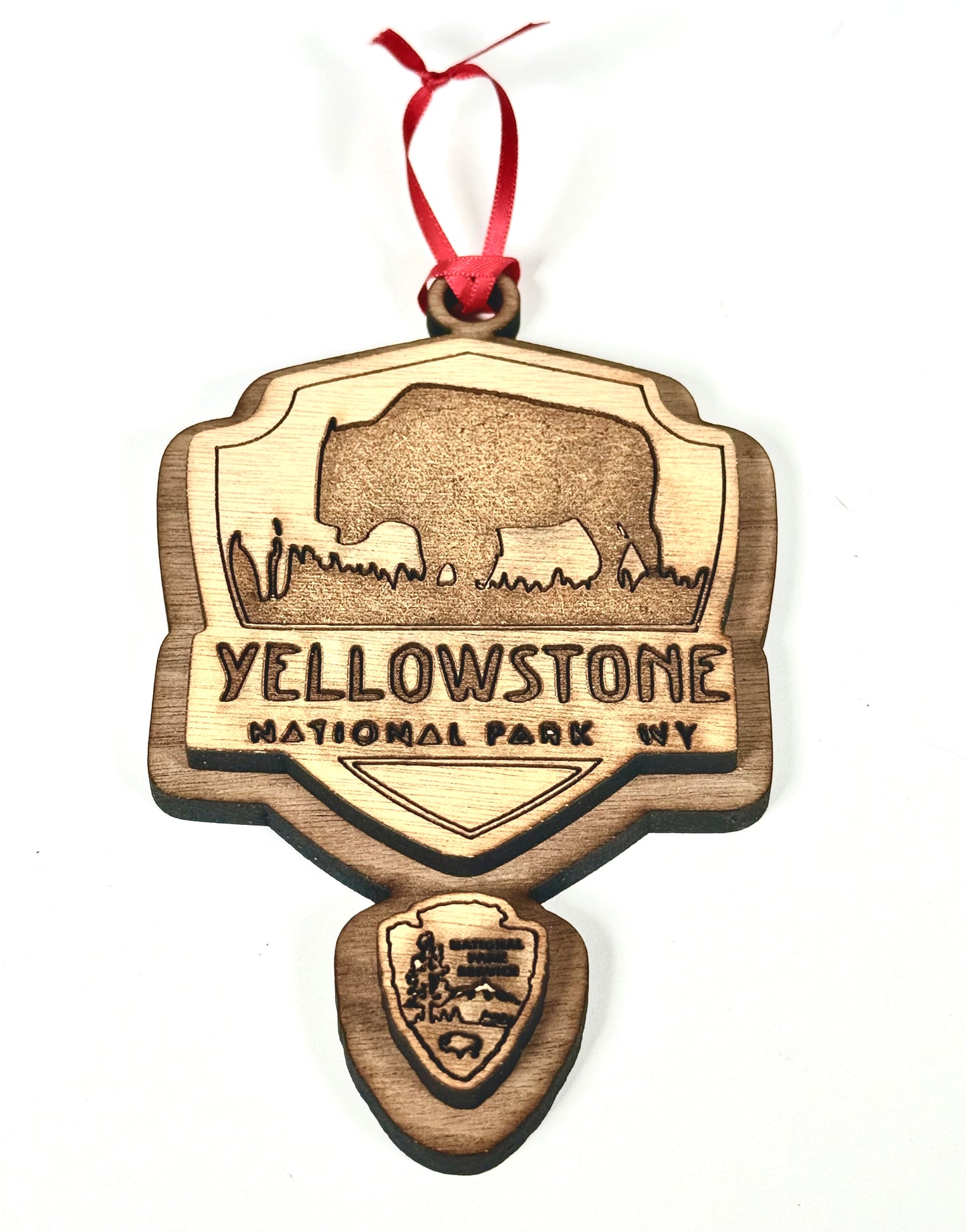 National Park Service (NPS) Wooden Ornaments – Laser Engraved Walnut Veneer Christmas Ornament with Red Ribbon Pick Your Park - NPS Ornament