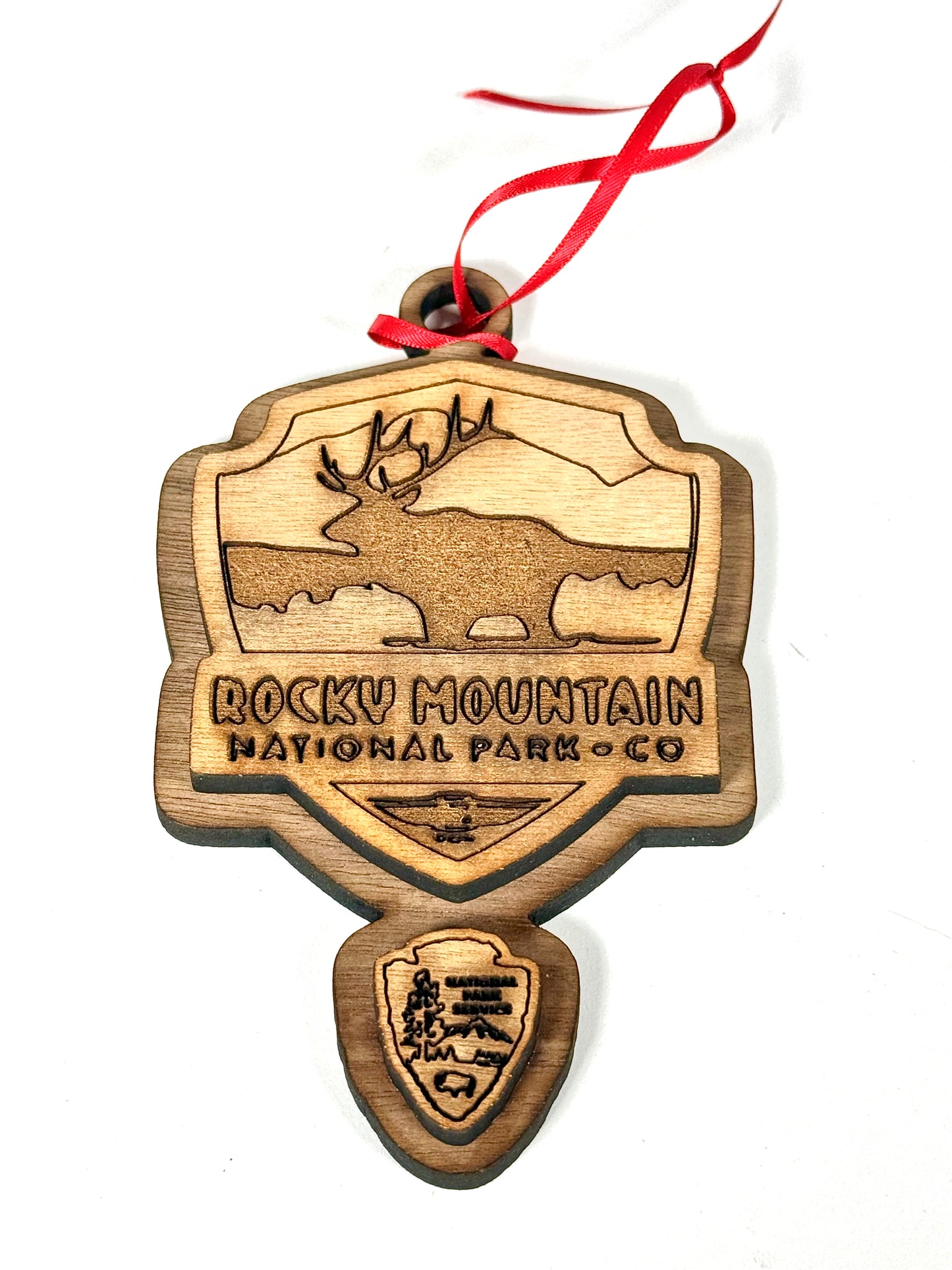 National Park Service (NPS) Wooden Ornaments – Laser Engraved Walnut Veneer Christmas Ornament with Red Ribbon Pick Your Park - NPS Ornament