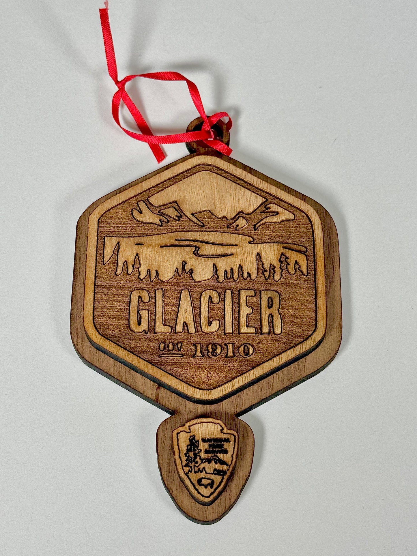 National Park Service (NPS) Wooden Ornaments – Laser Engraved Walnut Veneer Christmas Ornament with Red Ribbon Pick Your Park - NPS Ornament