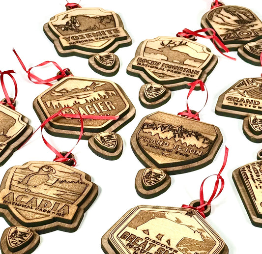 National Park Service (NPS) Wooden Ornaments – Laser Engraved Walnut Veneer Christmas Ornament with Red Ribbon Pick Your Park - NPS Ornament